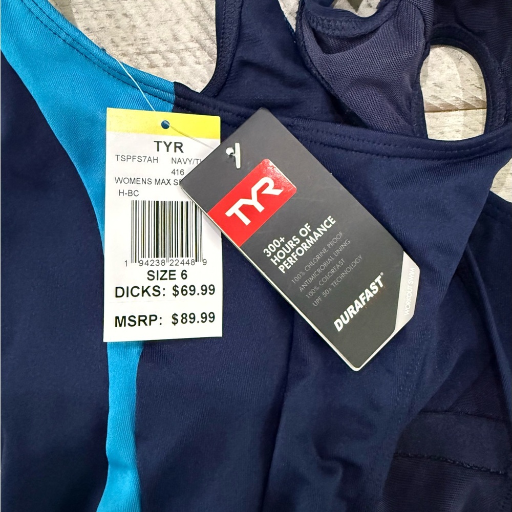 TYR Navy and Teal Racerback Performance One-Piece - Picture 3 of 3